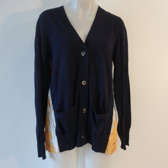 Women Sacai Navy Multicolor World Map Mixed Media Knit V-Neck Cardigan Sweater L - Picture 2 of 11